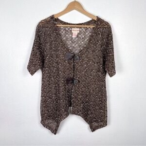 Toffee Apple VTG Sz.M crochet knit brown cardigan w/ faux leather button closure